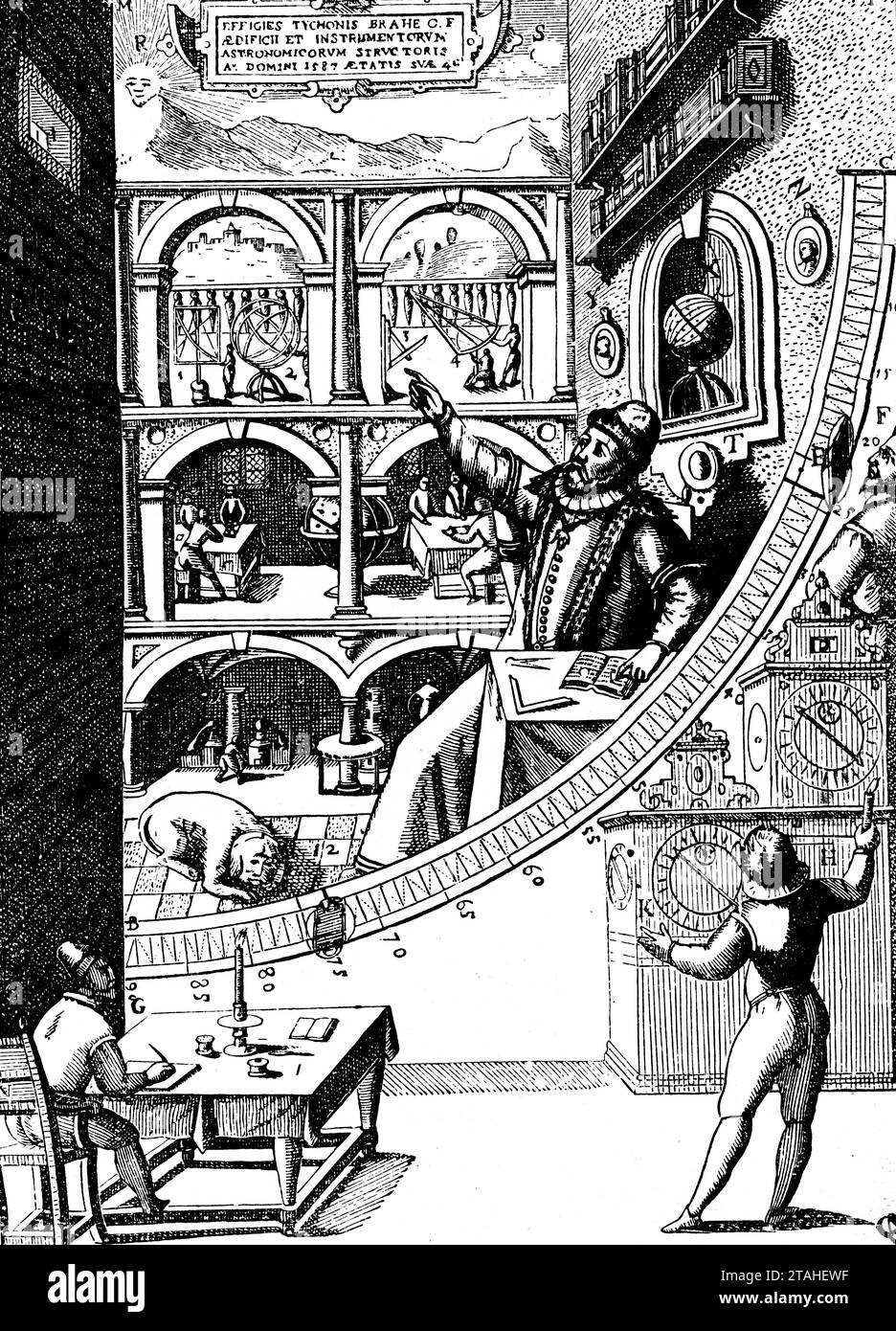 Quadrante murale di Tycho Brahe ('Quadrans muralis sive Tichonicus'), 1598. Il quadrante murale di Tycho Brahe nel suo osservatorio Uraniborg sull'isola di Hven. Illustrazione da "Astronomia Instauratae Mechanica", di Tycho Brahe (1546-1601), 1598. Foto Stock