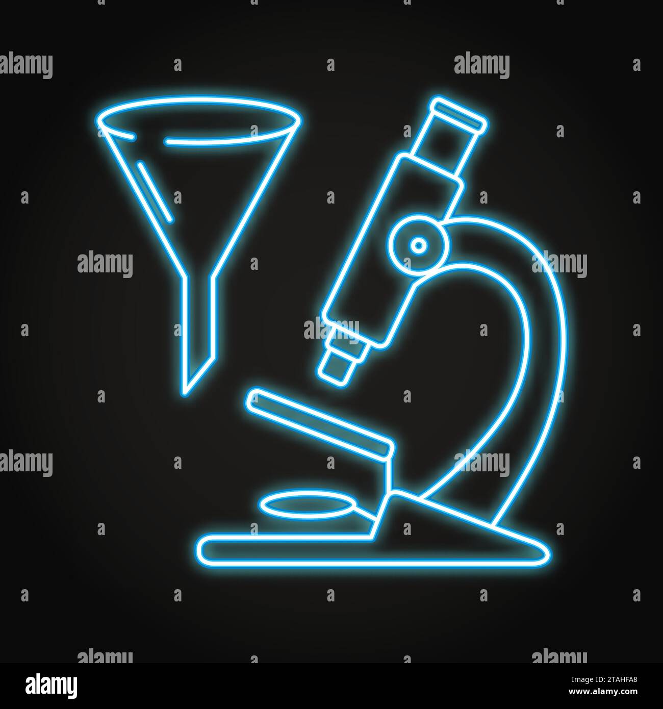 Icona al neon per microscopio e imbuto. Campionamento di accettazione, ispezione dei campioni. Illustrazione vettoriale Illustrazione Vettoriale