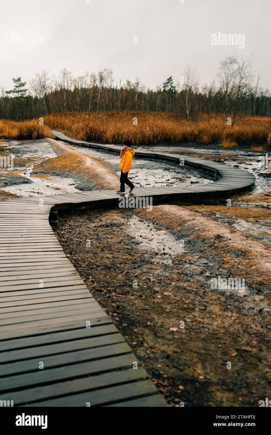 Sentiero in legno tra paludi e terra fumante, Frantiskovy Lazne, SOOS Foto Stock