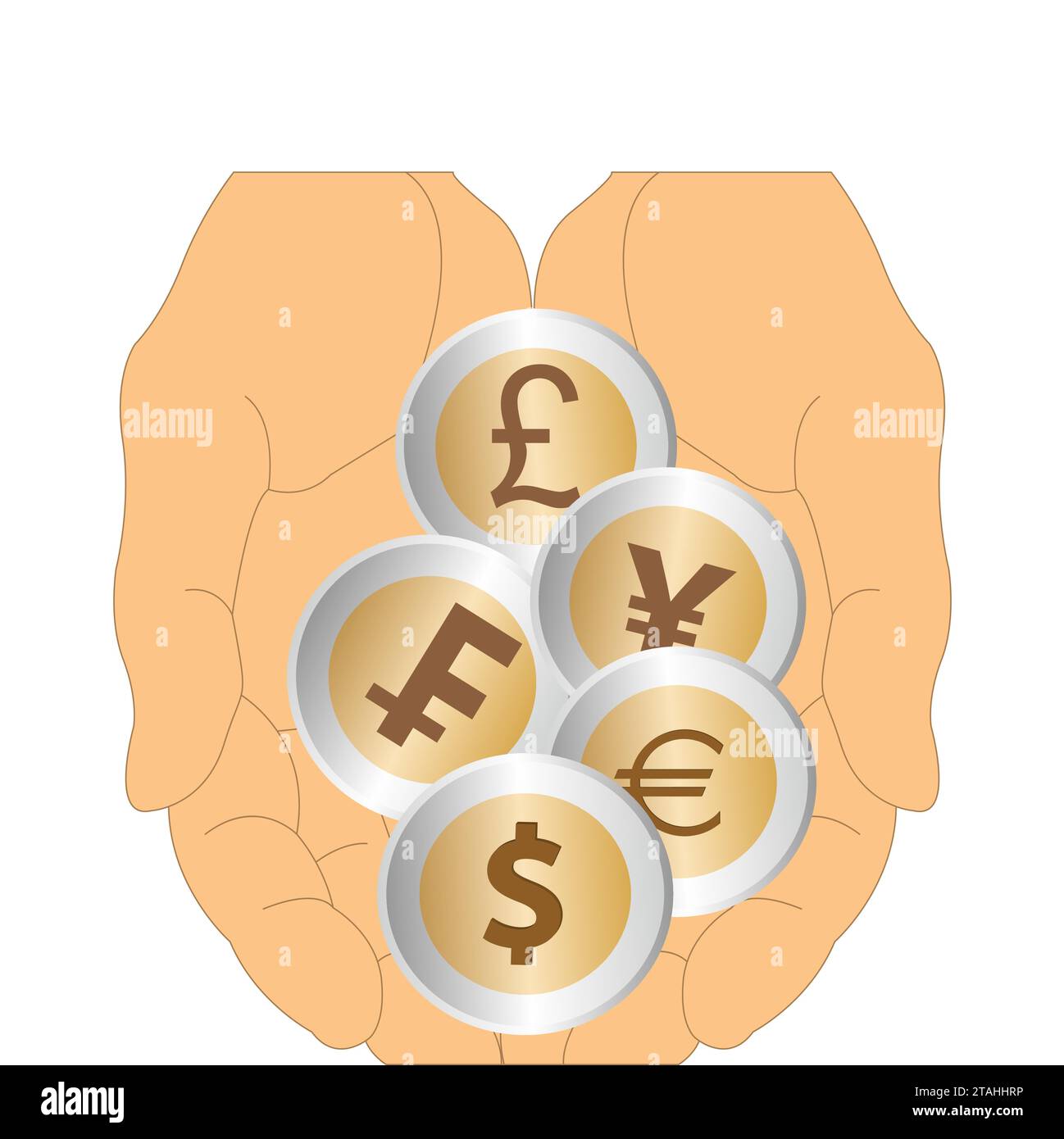 Mani umane con cinque monete diverse Illustrazione Vettoriale