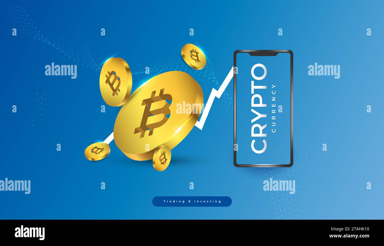 Bitcoin Cryptocurrency con smartphone e grafico della crescita. Bitcoin Crytpo su dispositivi mobili. Golden Bitcoin Symbol Illustrazione Vettoriale