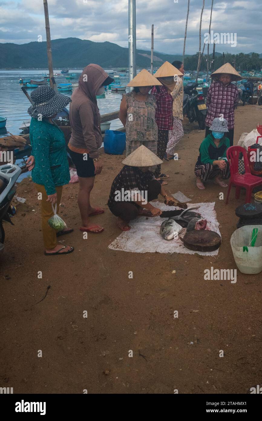 Il mercato del pesce giornaliero nella laguna di Cu Mong, Phu Yen Foto Stock