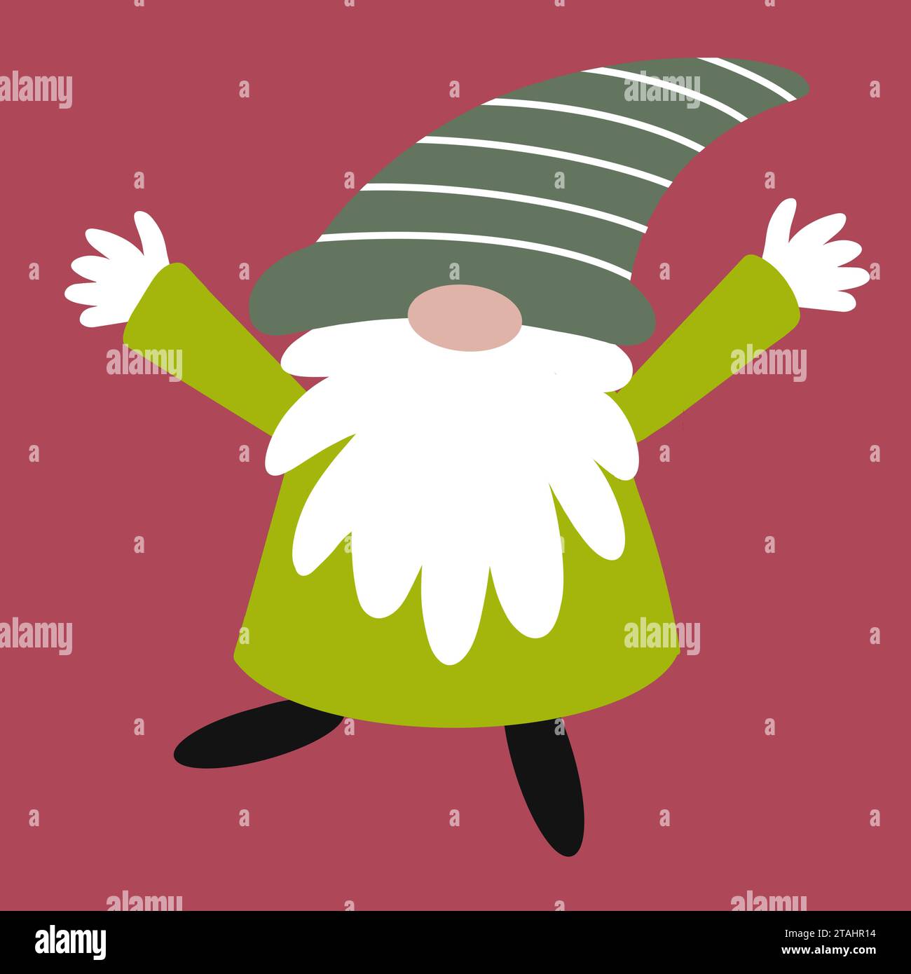 Buon Natale, illustrazione gondk. Questo eccentrico personaggio simile a uno gnomo ha una grande barba folta e colori natalizi. Una posa vivace e divertente. Foto Stock