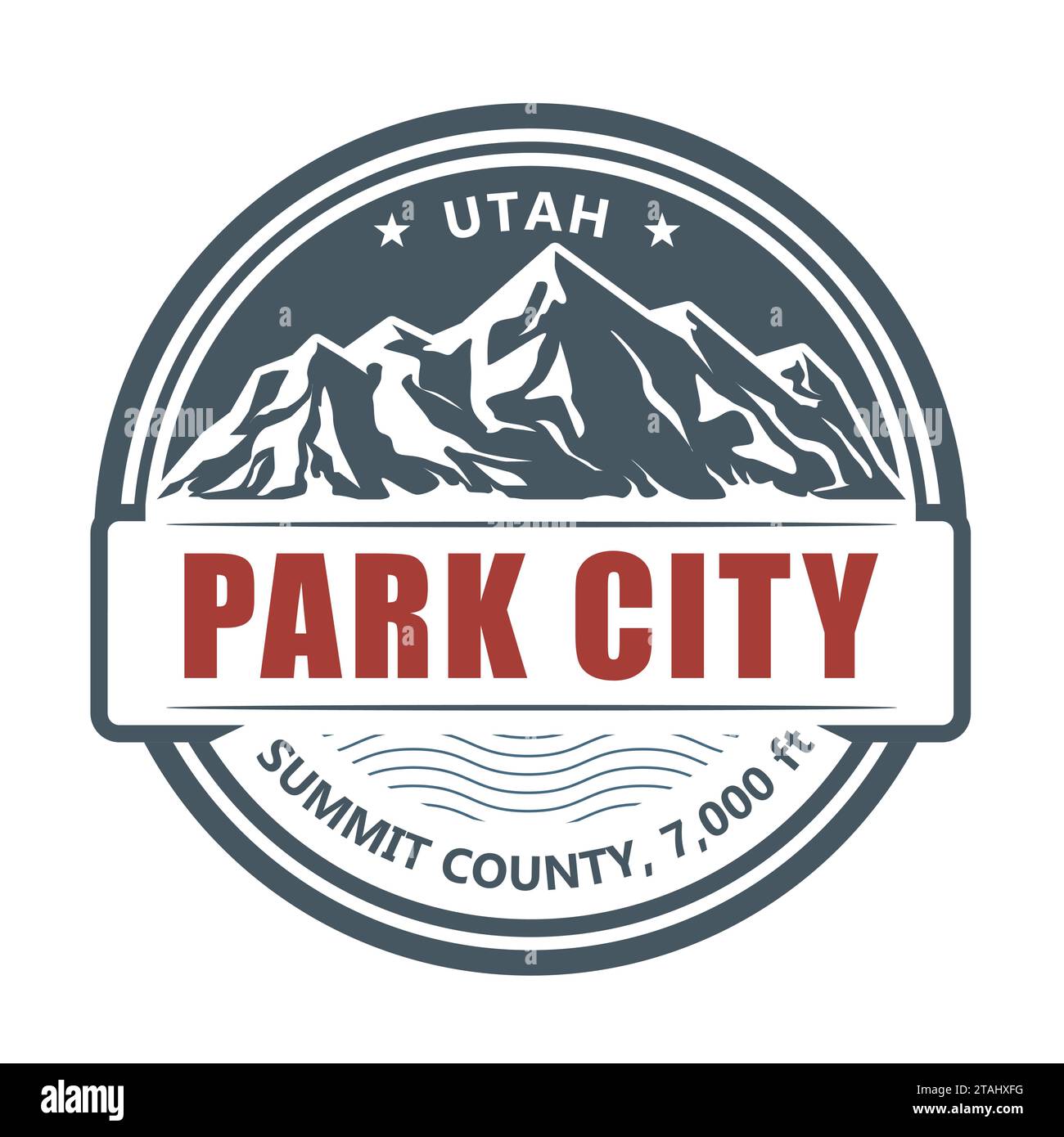Park City, timbro della stazione sciistica dello Utah, emblema con montagne innevate, vettoriale Illustrazione Vettoriale