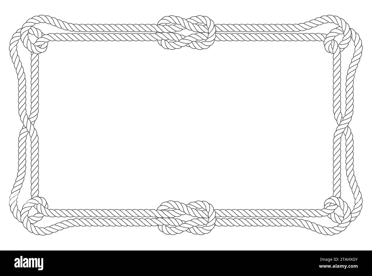 Telaio a doppia fune quadrata con anelli in angoli e nodi, bordo in stile marino, vettore Illustrazione Vettoriale