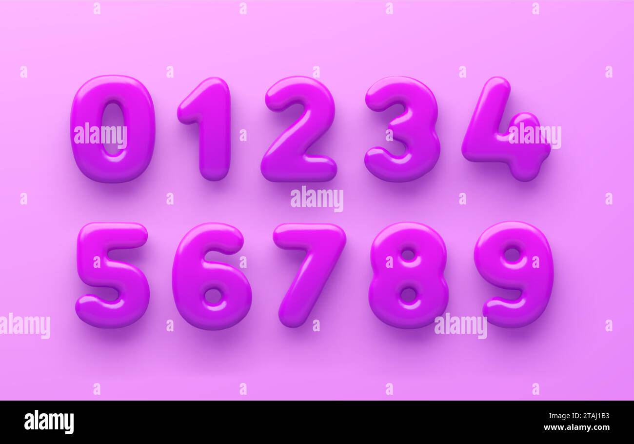 3D Viola numero 1,2,3,4,5,6,7,8,9 e nullo con superficie lucida su sfondo viola Illustrazione Vettoriale