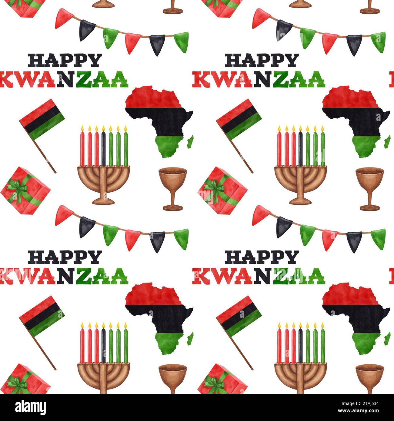 Motivo senza cuciture Kwanzaa. Kinara, sette candele in fiamme, mappa rossa nera verde, tazza, regalo. Vacanze afro-americane. Illustrazione ad acquerello disegnata a mano Foto Stock