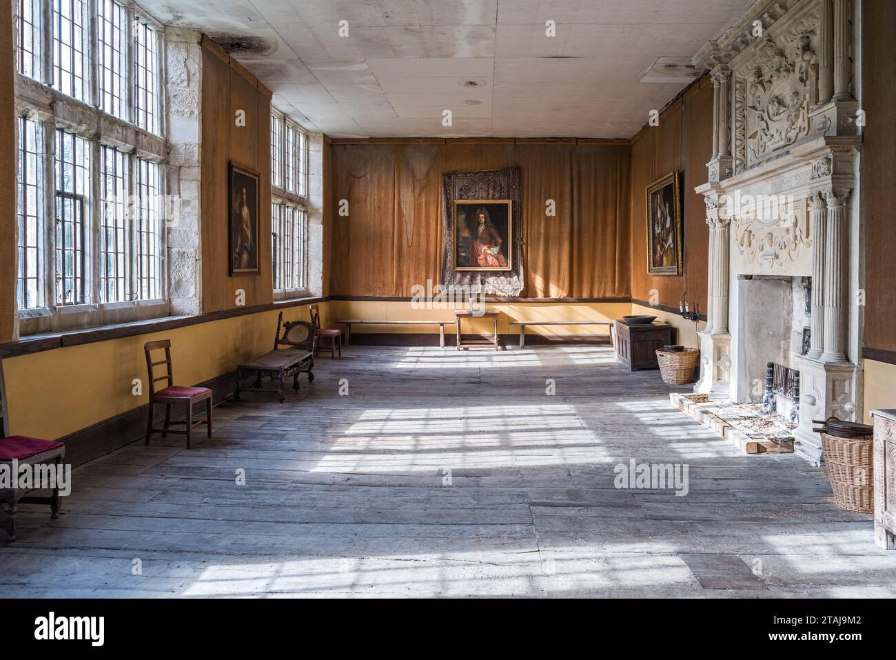 Grande sala a Wolfeton House, Dorset, Inghilterra, Regno Unito. Usato come mucca byre dagli inquilini nel XVIII secolo. Foto Stock