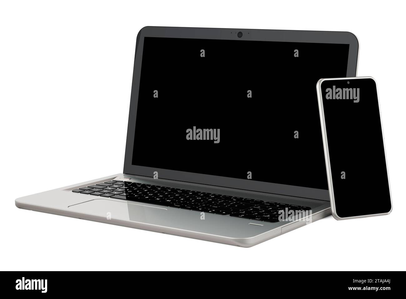 Laptop e smartphone, rendering 3D isolato su sfondo bianco Foto Stock