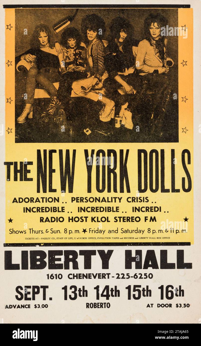 New York Dolls - Houston dei primi anni '1970, Texas - poster dei concerti rock d'epoca Foto Stock