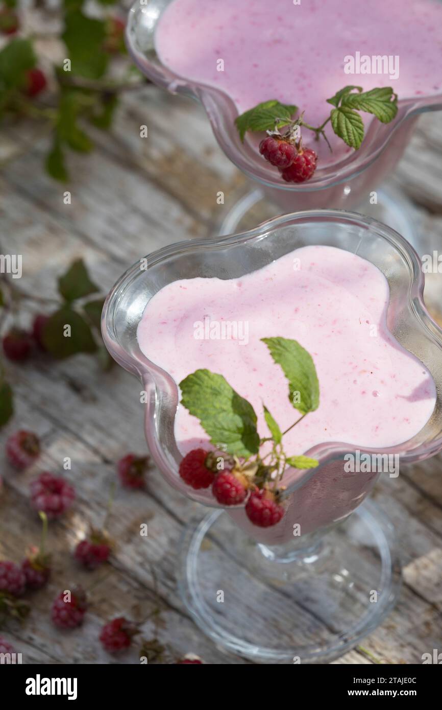 Himbeer-Softeis, Eis, Himbeereis, Soft-Eis, Sofeis, EIS selbermachen aus Naturjoghurt, Quark, Früchten, Wildfrüchten, Banane, Vanillezucker. Schritt 4 Foto Stock