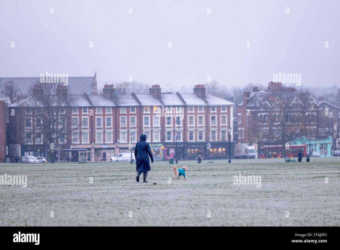 Londra, Regno Unito. 1 dicembre 2023. Una donna con un cane visto camminare nel freddo del mattino presto al Blackheath Park di Londra. Il Greenwich Park e il Blackheath Park nel sud-est di Londra sono coperti di gelo mentre il freddo scatto del tempo dalla Scandinavia continua verso sud. Le temperature hanno raggiunto il congelamento per due notti consecutive a Londra, mentre il clima più freddo è destinato a continuare, con le basse temperature previste nel fine settimana. Credito: SOPA Images Limited/Alamy Live News Foto Stock