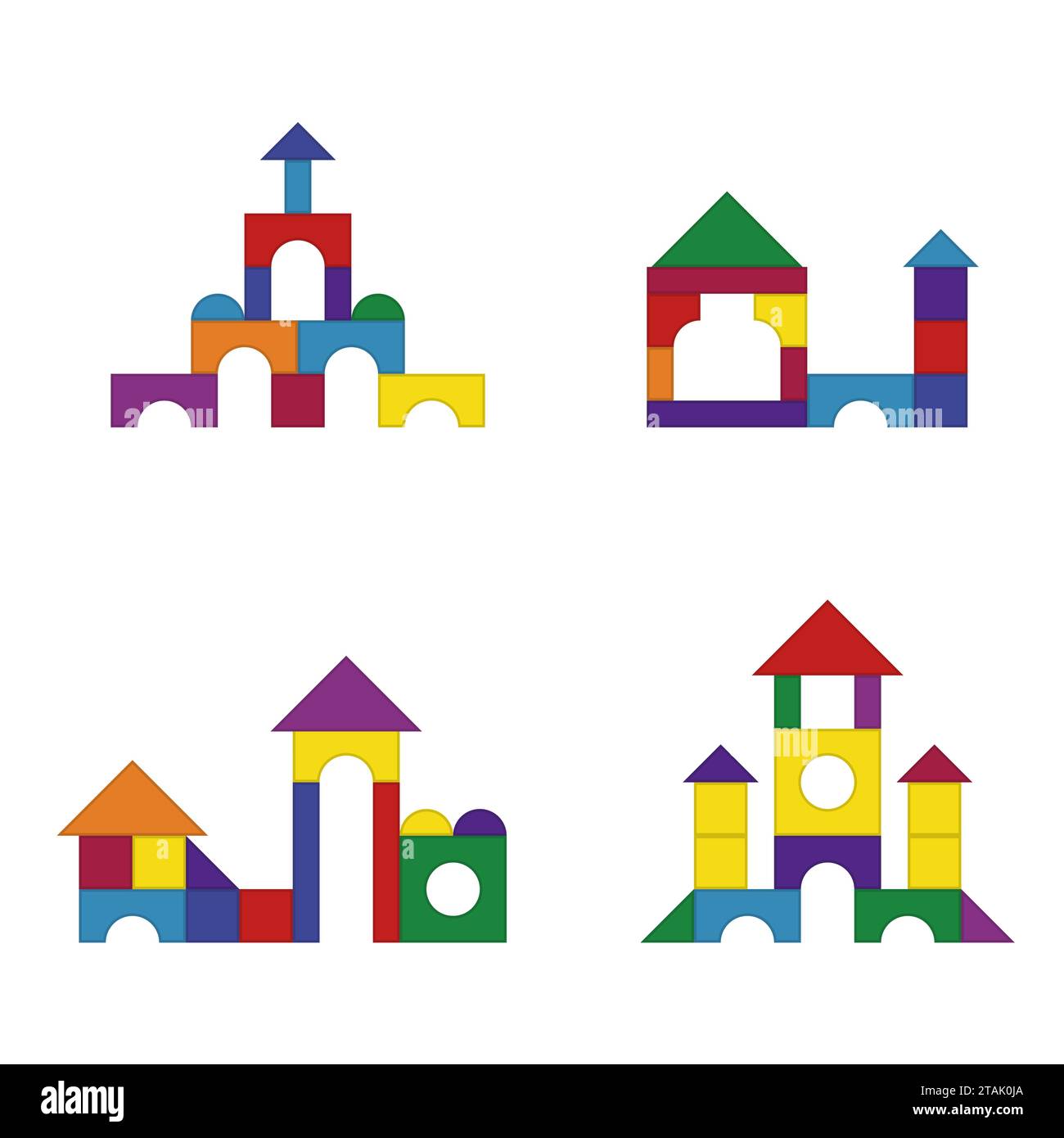 Set di kit per l'edilizia con blocchi in legno multicolore per bambini. Parti in mattoni per la costruzione di una torre per bambini, un castello, una casa. Giocattoli educativi Illustrazione Vettoriale