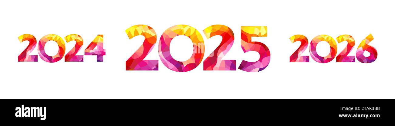 Felice anno nuovo. design alla moda 2024, 2025, 2026. Colori giallo, viola e rosso. Raccolta di icone. Modello isolato. Testo astratto Illustrazione Vettoriale