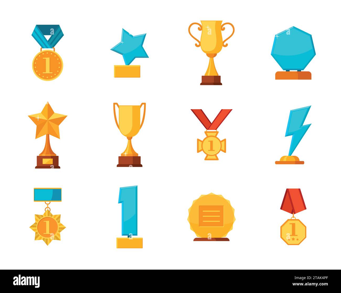 Imposta la collezione di premi vincitori dei trofei isolata su sfondo bianco. Medaglie appese, premi in vetro, coppe dorate in stile piatto. Premi e premi Illustrazione Vettoriale