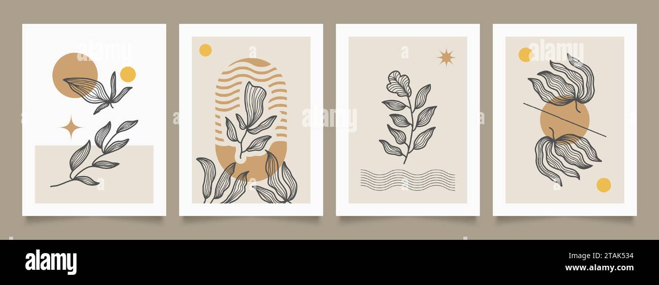 Set di poster minimalista con fiori disegnati a mano. Design floreale per sfondo, copertina, stampa e altro ancora Illustrazione Vettoriale