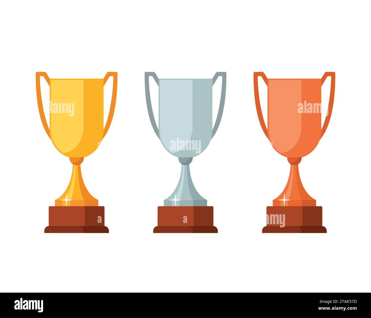 Coppe vincitrici del trofeo con base in legno isolata su sfondo bianco. Icona delle coppe premio oro, argento e bronzo illustrazione vettoriale Illustrazione Vettoriale