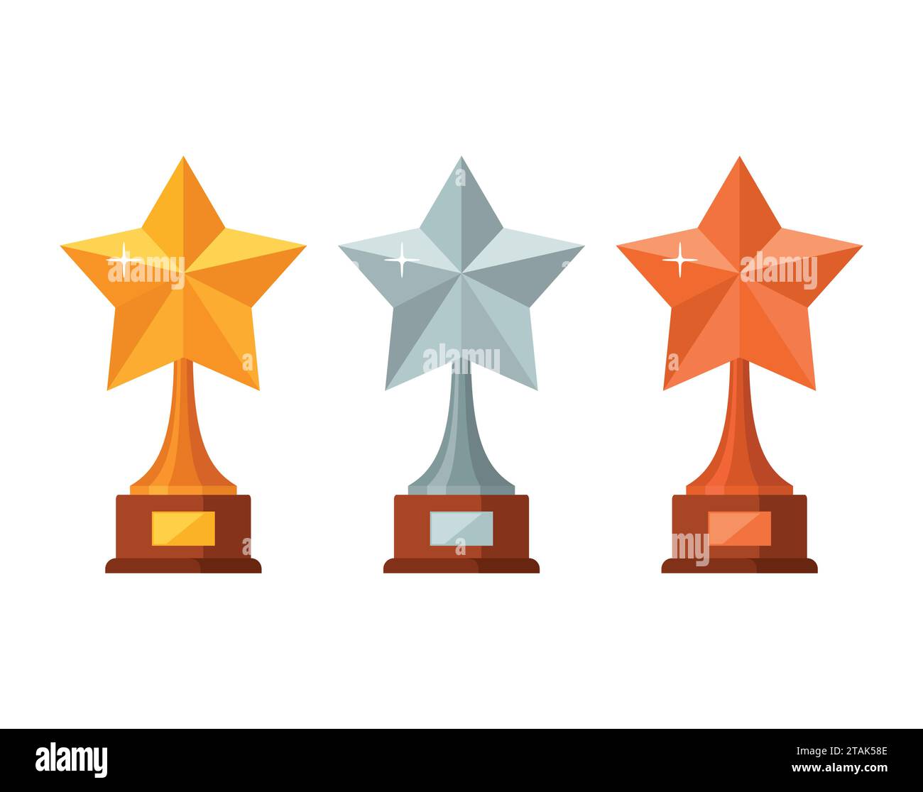 Stelle vincitrici del trofeo con base in legno isolata su sfondo bianco. Icona dei premi oro, argento e bronzo illustrazione vettoriale Illustrazione Vettoriale