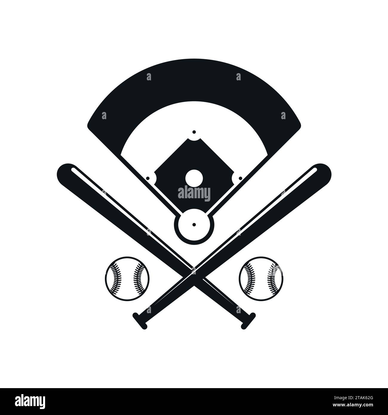 Icone del baseball. Campo, palline e mazze da baseball in stile piatto isolate su sfondo bianco Illustrazione Vettoriale