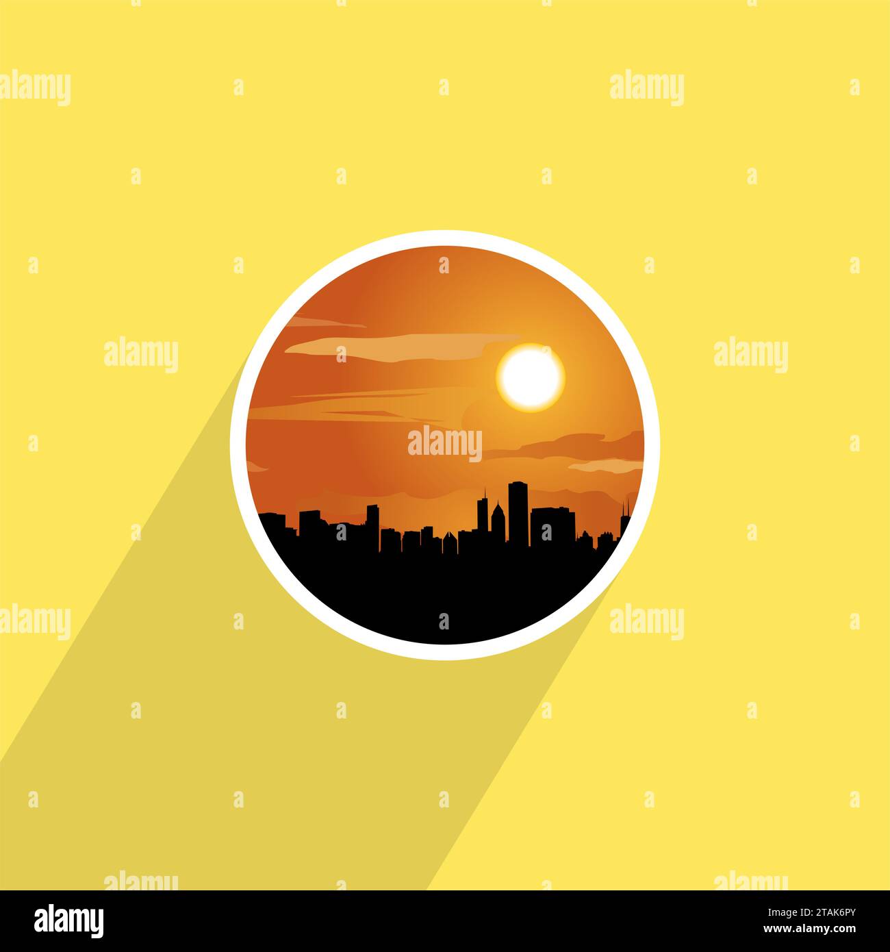 Skyline della città al tramonto. Icona rotonda Illustrazione Vettoriale