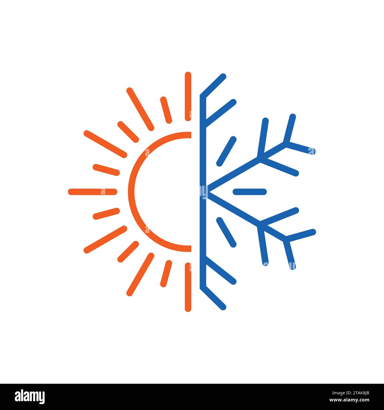 Icona calda e fredda isolata su sfondo bianco. Illustrazione del vettore del simbolo del sole e del fiocco di neve Illustrazione Vettoriale