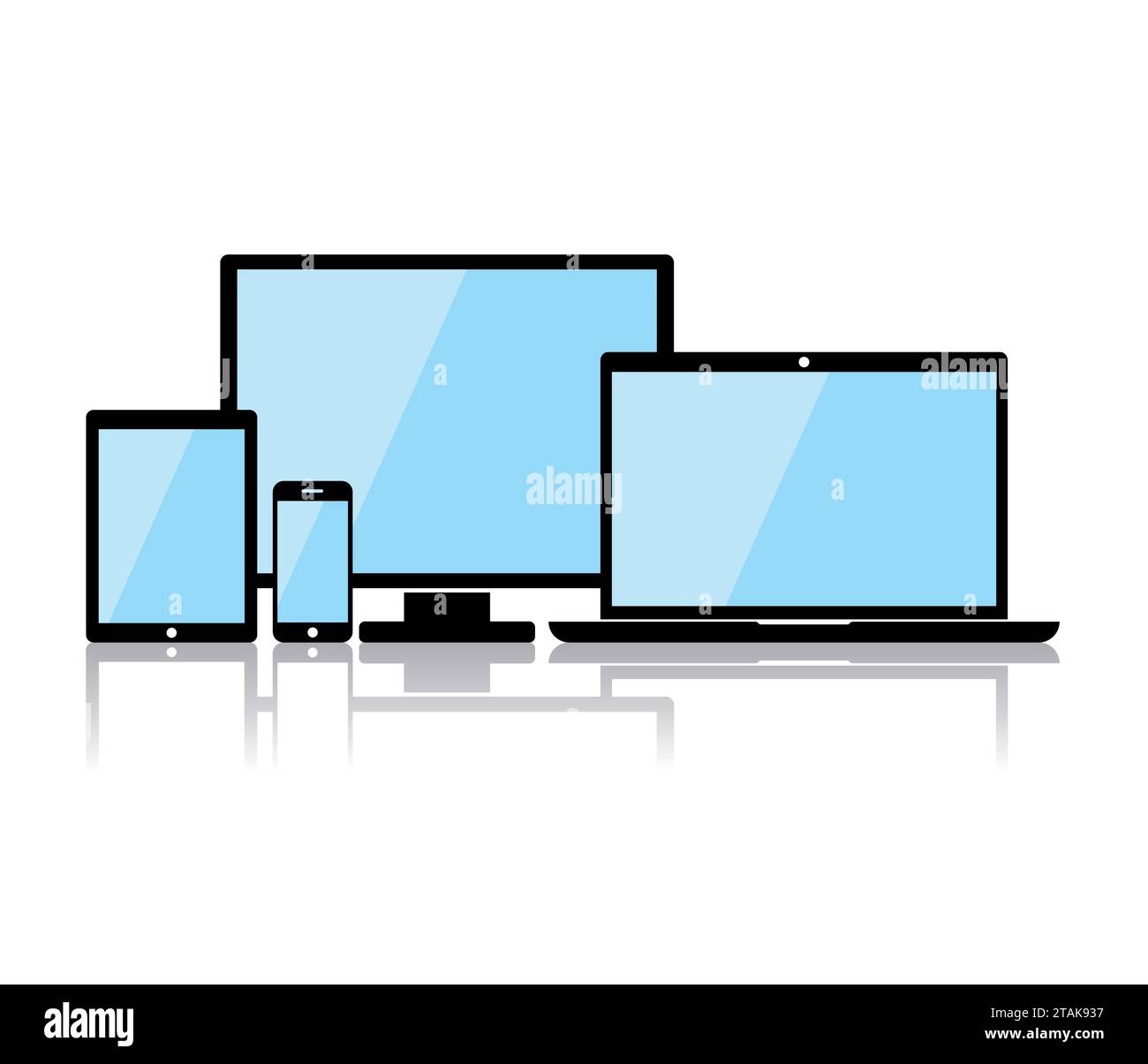 Icone del dispositivo: Smartphone, tablet, laptop e computer desktop. Dispositivo nero in stile piatto isolato su sfondo bianco. Illustrazione vettoriale Illustrazione Vettoriale