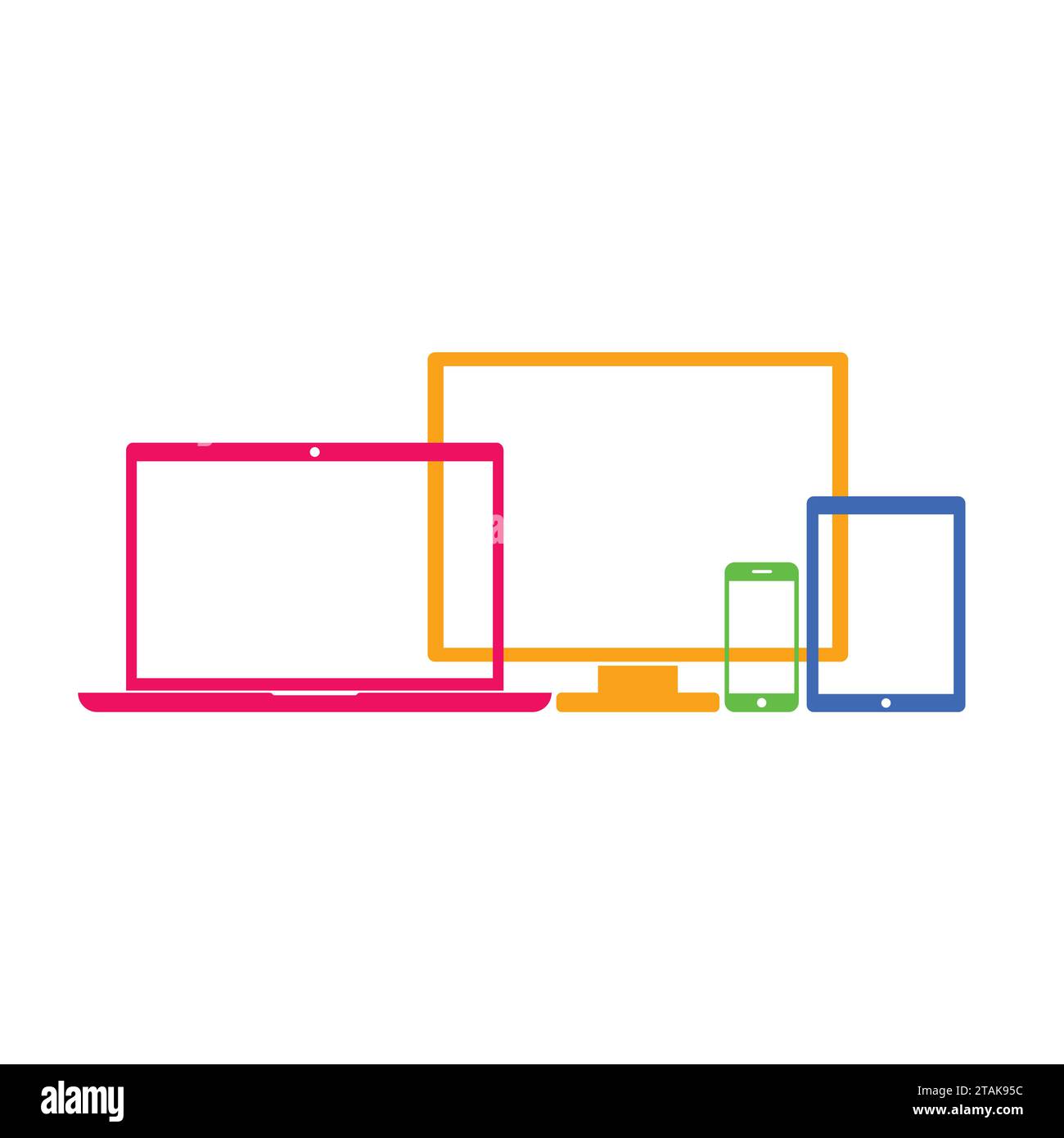 Icone del dispositivo: Smartphone, tablet, laptop e computer desktop. Icone colorate dei dispositivi in stile piatto isolate su sfondo bianco. Illustrazione vettoriale Illustrazione Vettoriale