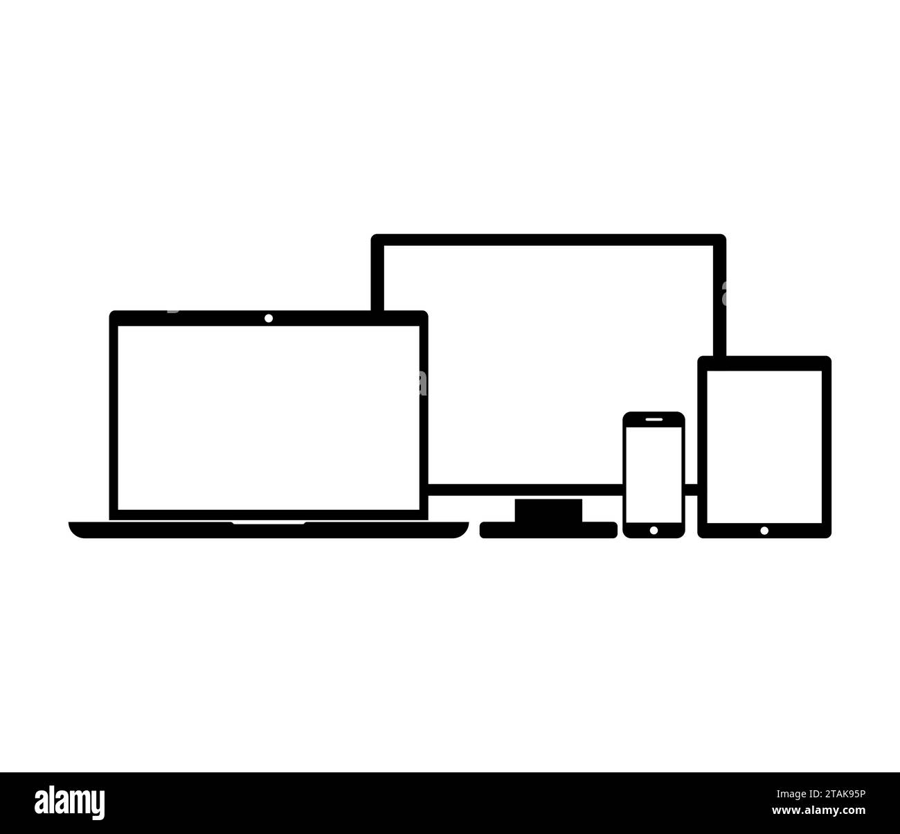 Icone del dispositivo: Smartphone, tablet, laptop e computer desktop. Dispositivo nero in stile piatto isolato su sfondo bianco. Illustrazione vettoriale Illustrazione Vettoriale