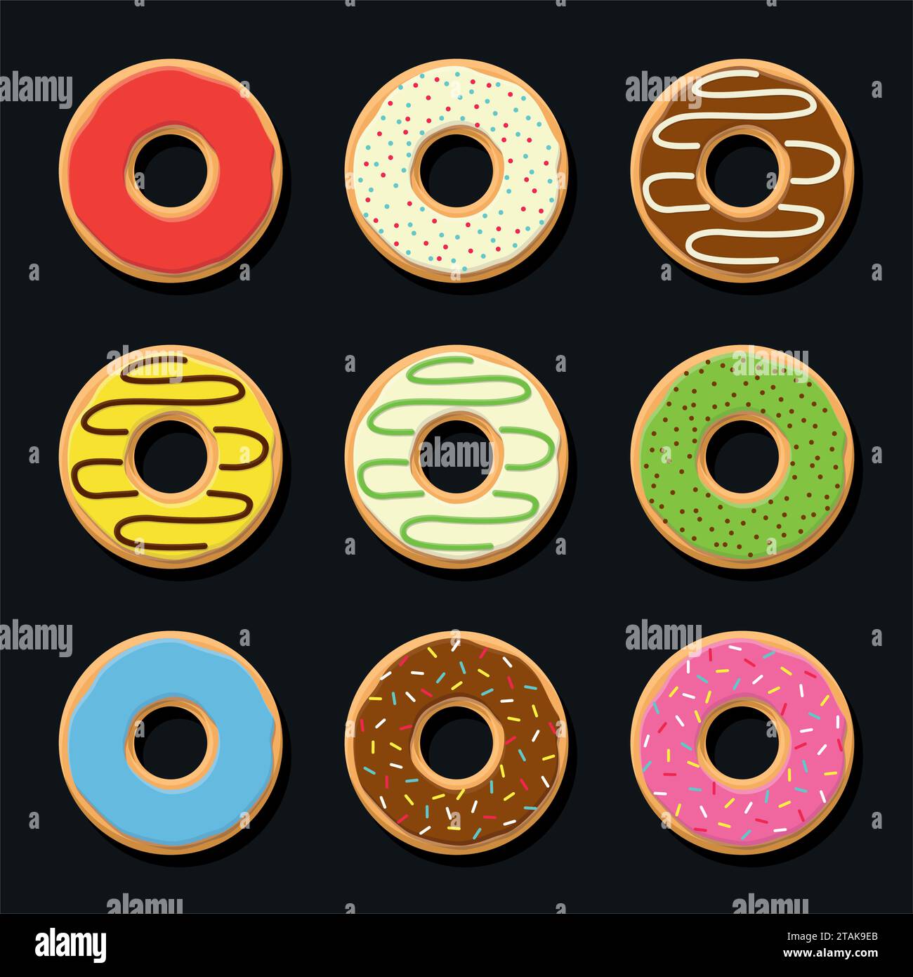 Imposta dolci ciambelle vettoriali colorate isolate su sfondo scuro. Squisiti biscotti al cioccolato, ciambelle e cibo. Collezione di ciambelle color caramelle. Smaltato Illustrazione Vettoriale