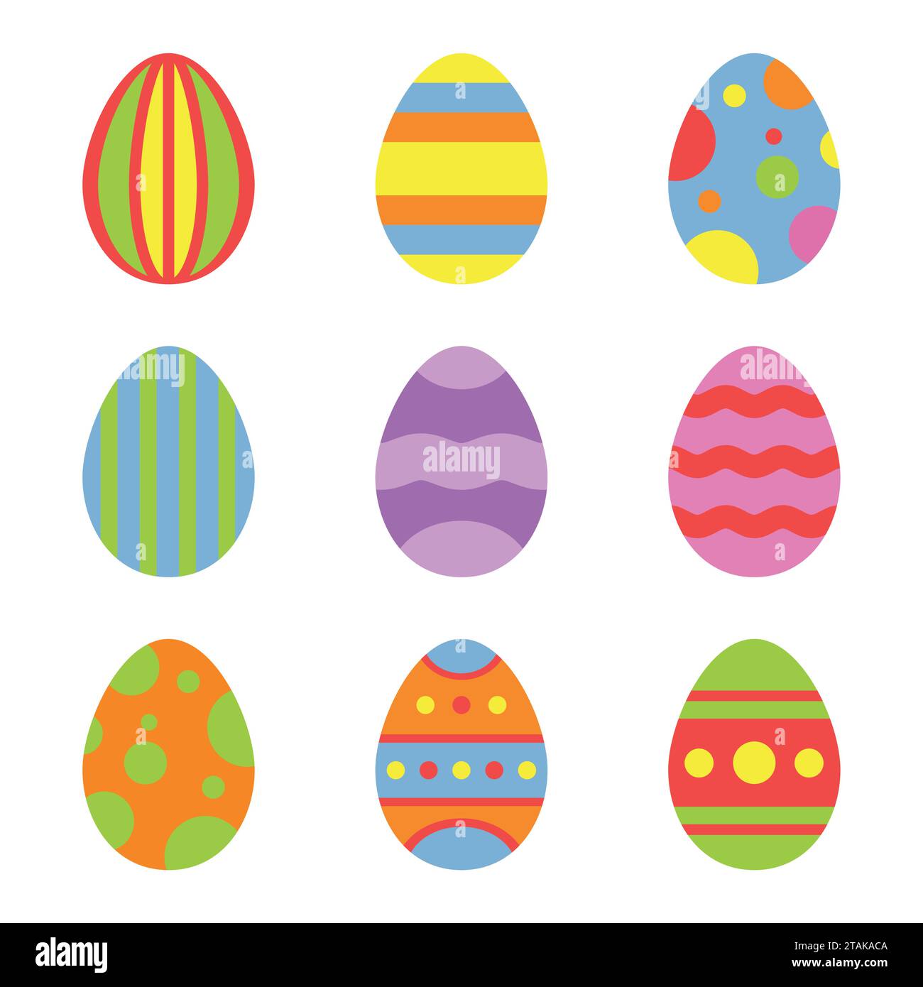 Icone delle uova di Pasqua in stile piatto isolate su sfondo bianco. Illustrazione vettoriale per il design delle vacanze di Pasqua. Illustrazione Vettoriale