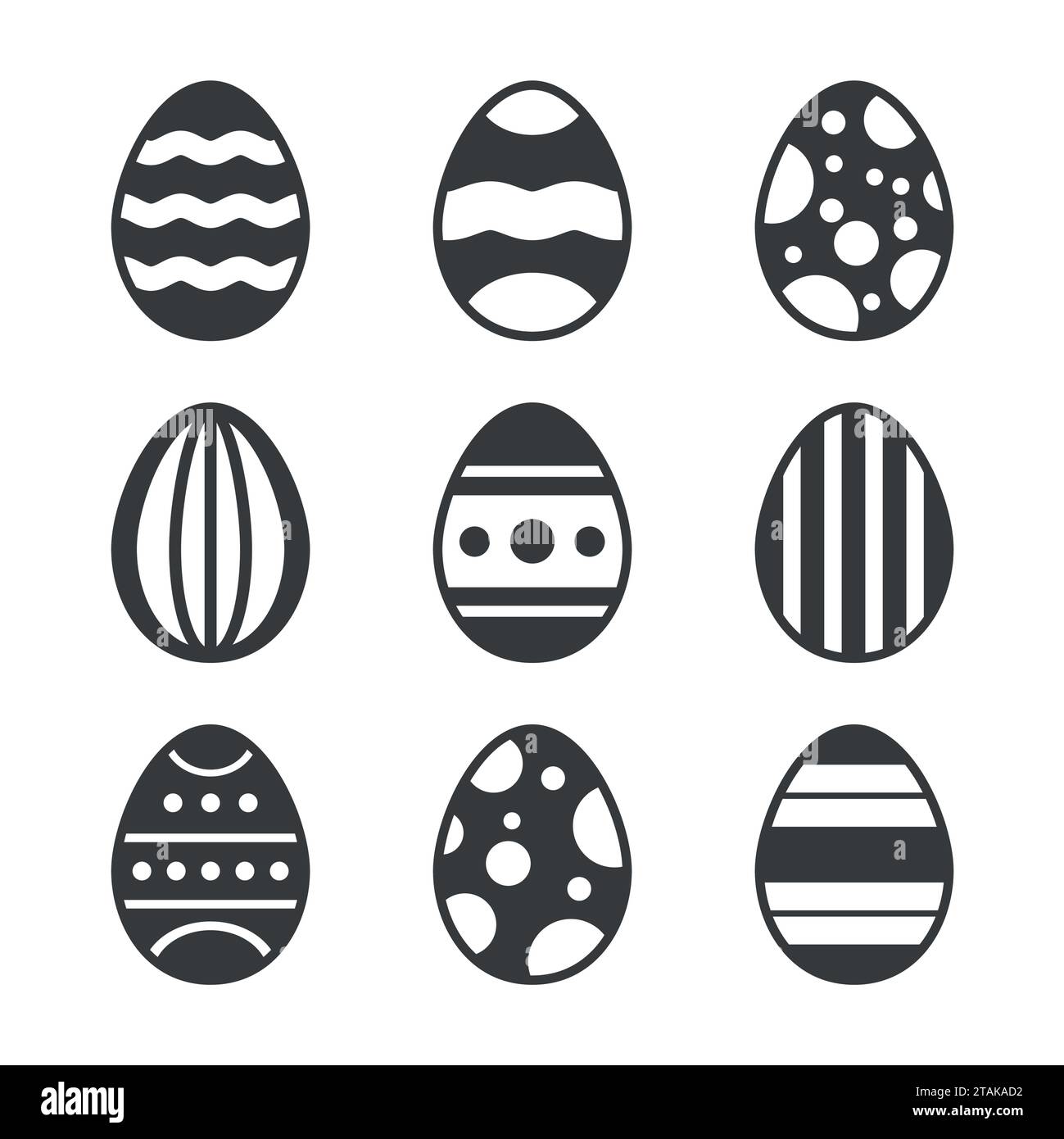 Un set di uova di Pasqua nere decorate con ornamenti su sfondo bianco. Illustrazione vettoriale. Illustrazione Vettoriale