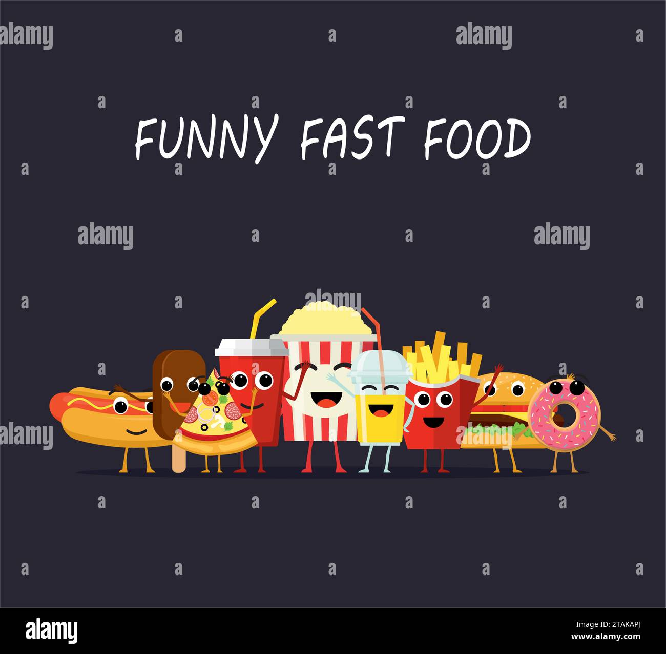 Simpatici personaggi del fast food isolati su sfondo scuro. Happy Smile Cartoon Face Fastfood, snack comico illusione vettoriale Illustrazione Vettoriale