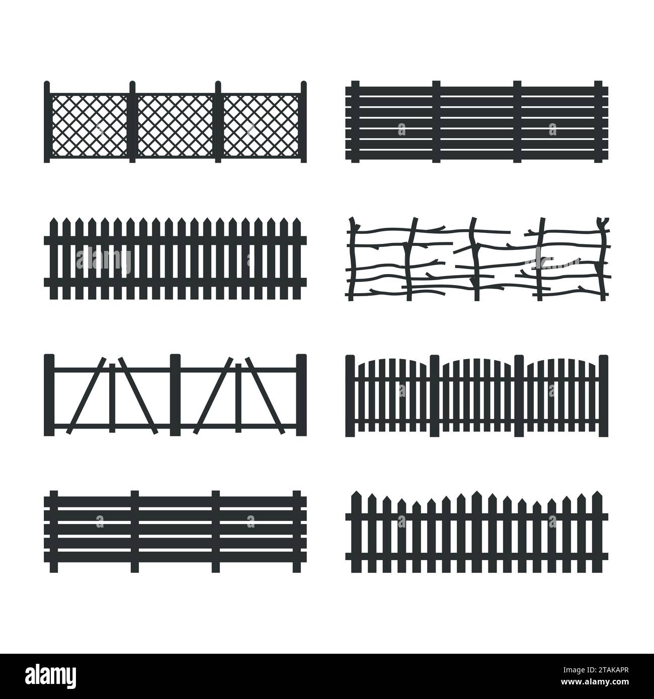 Impostare recinzioni in legno isolate su sfondo bianco. Diverse icone di recinzioni da giardino illustrazioni vettoriali. Costruzione di sagome in legno per recinzioni rurali Illustrazione Vettoriale