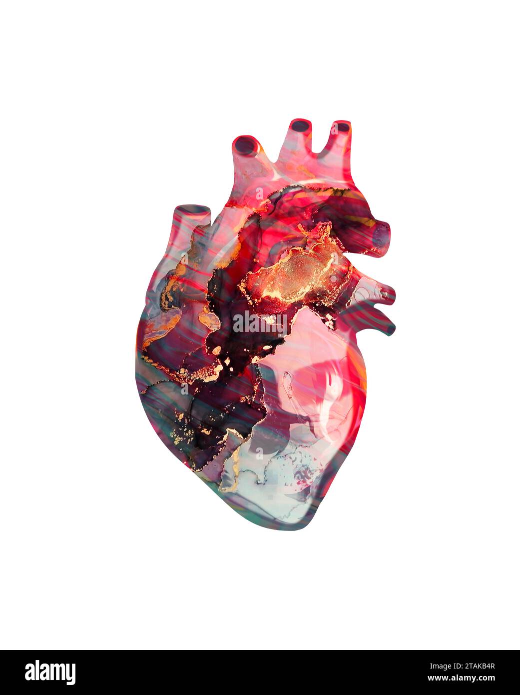 Illustrazione disegnata a mano o disegno di un cuore umano colorato con effetto di pittura in marmo Foto Stock