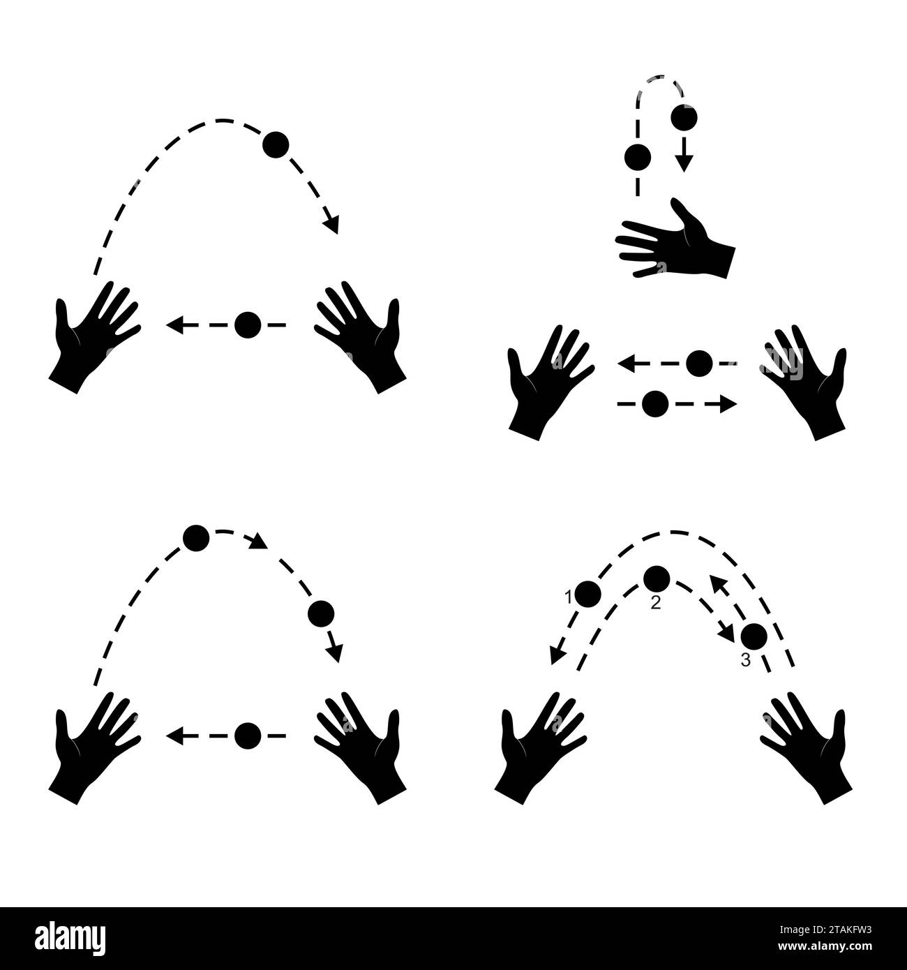 Giocoleria. Le mani lanciano la silhouette della palla stile piatto isolato su sfondo bianco. Imparate a destreggiarvi con i consigli. Illustrazione Vettoriale