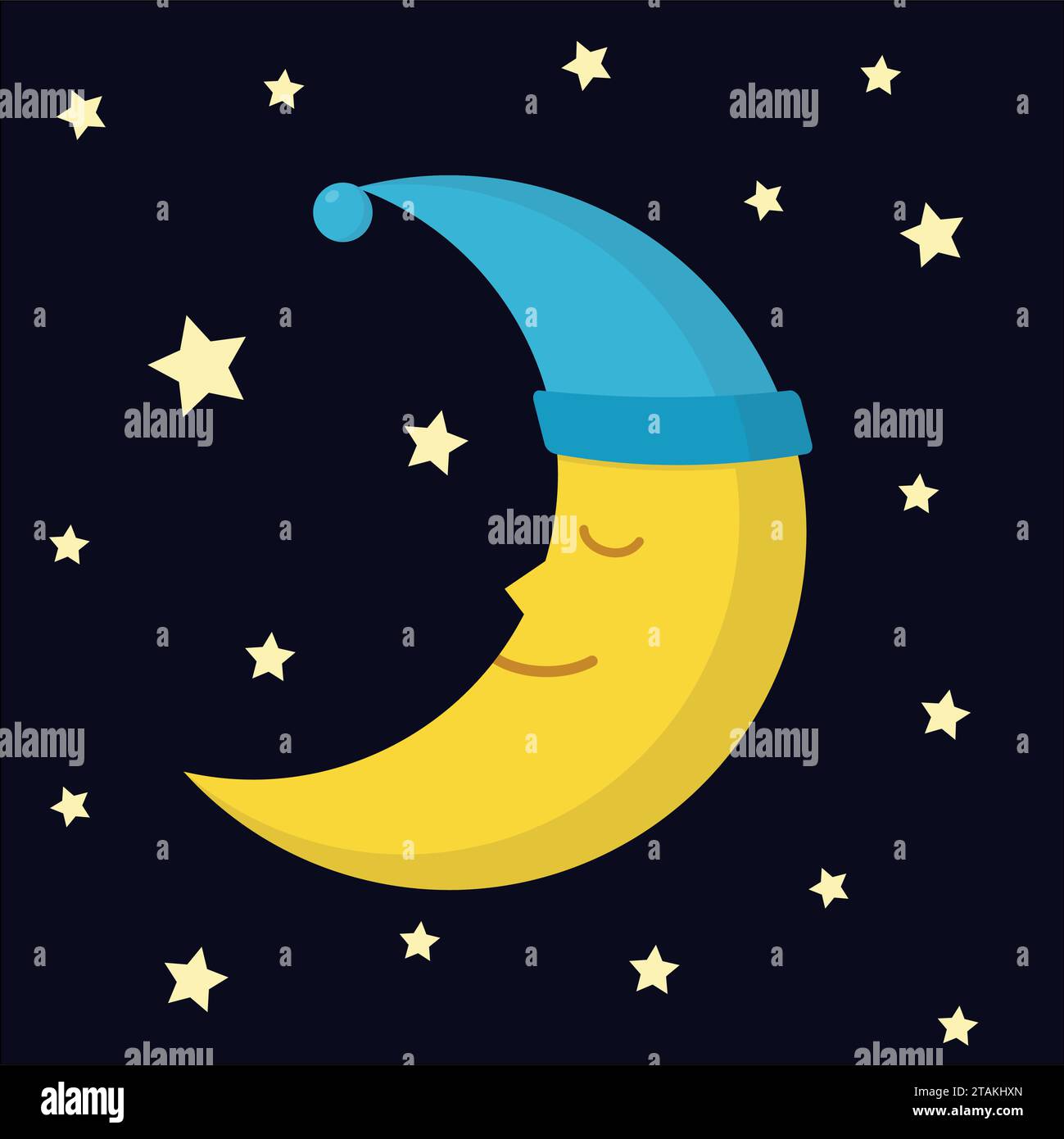 Luna dormiente in un bicchierino da notte e stelle su sfondo notturno scuro. Mezzaluna nell'illustrazione vettoriale HAT Illustrazione Vettoriale