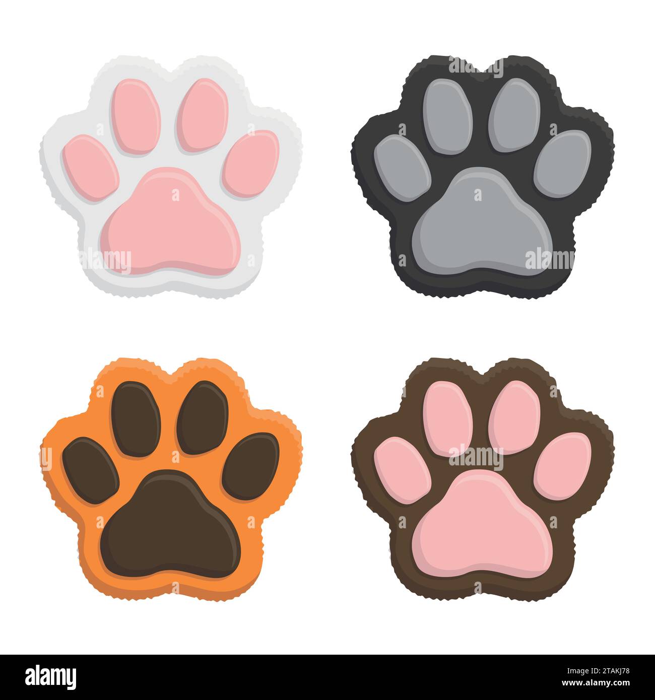 Imposta zampe gattini. Stampa della zampa di gatto animale in stile piatto isolata su sfondo bianco. Illusione vettoriale Illustrazione Vettoriale