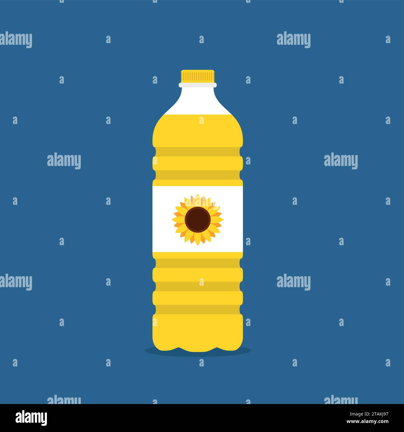 Olio vegetale in una bottiglia di plastica isolata su sfondo blu. Olio da cucina vettoriale per cartoni animati. Bottiglia di grasso alimentare. Bottiglia dell'olio da cucina in piano Illustrazione Vettoriale
