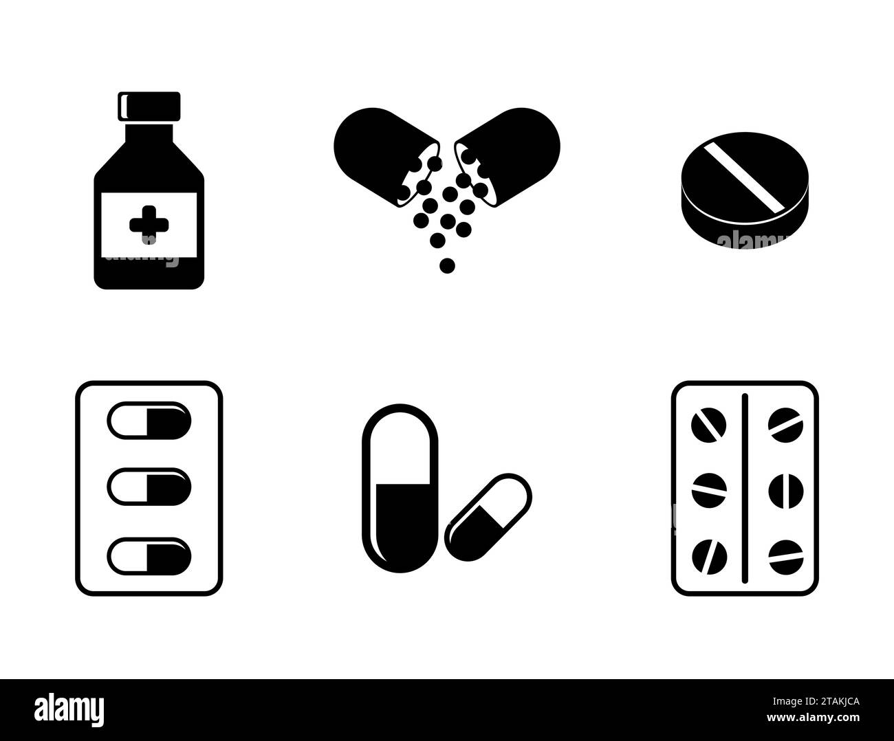 Icone di medicina - pillole, capsule e flaconi per prescrizione medica. Illustrazione dei vettori dei farmaci. Illustrazione Vettoriale