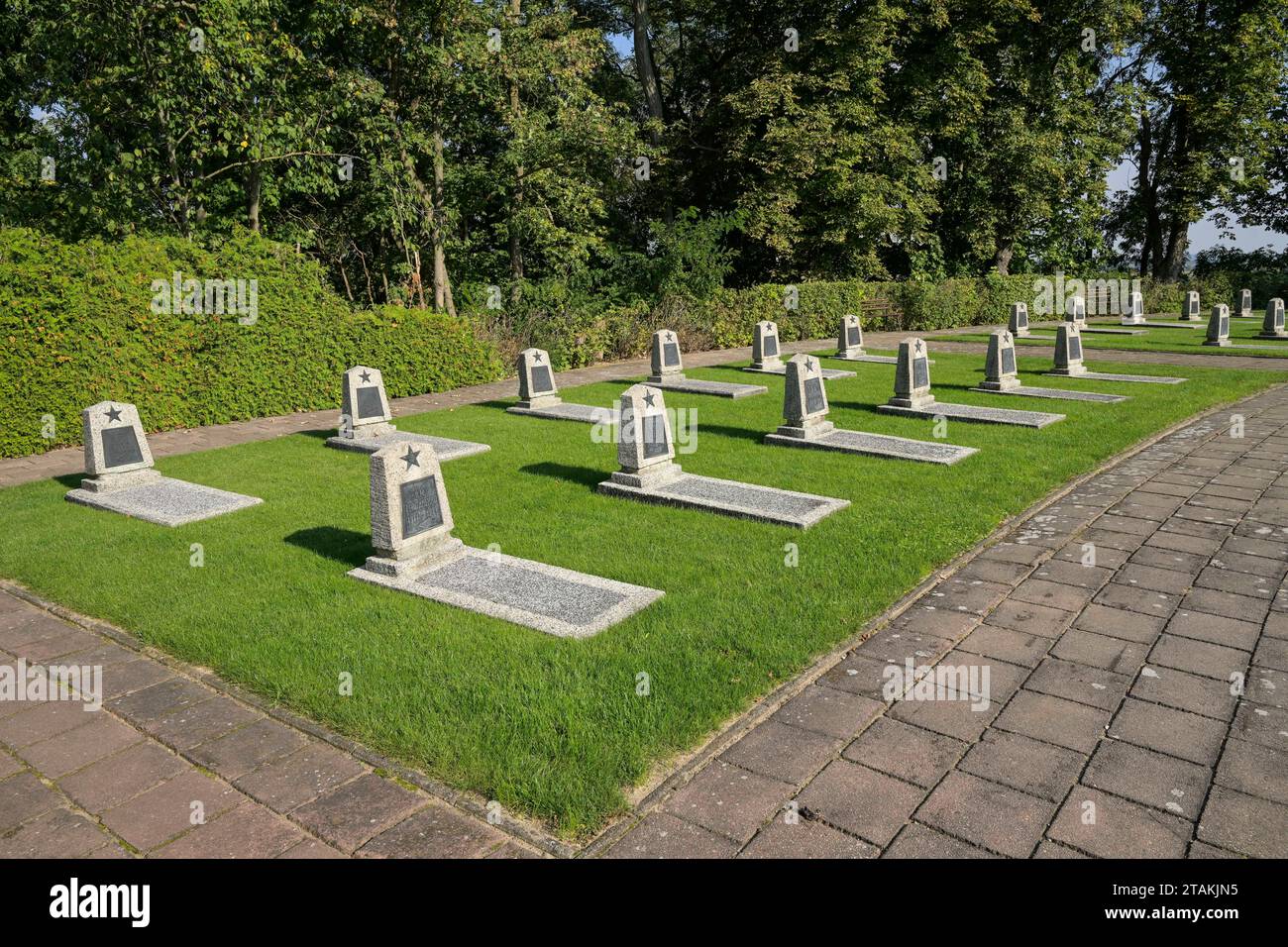 Grabsteine, Gedenkstätte Seelower Höhen, Seelow, Landkreis Märkisch-Oderland, Brandeburgo, Deutschland Foto Stock
