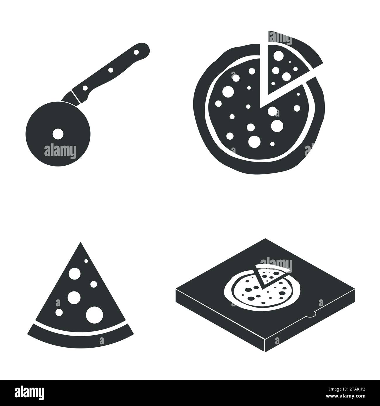 Pizza Vector icons food silhouette Collection. Attrezzatura da cucina con coltelli da taglio, icona della fetta di pizza in stile piatto. Scatola per pizza nera Illustrazione Vettoriale