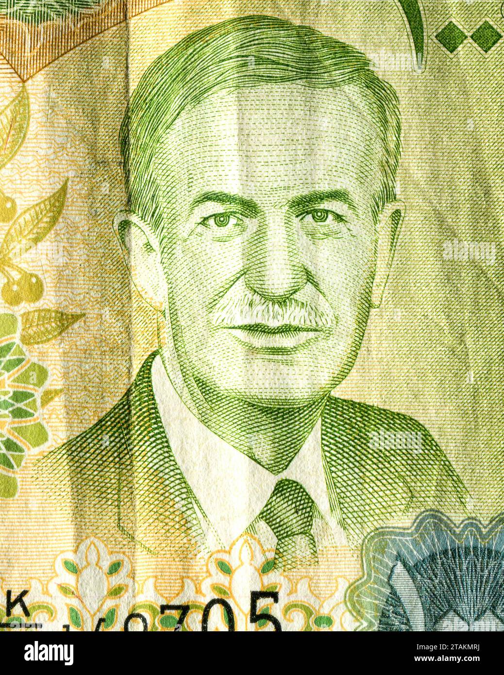 Ritratto di Hafez al-Assad dalla banconota siriana. Soldi della Siria. Moneta nazionale siriana Foto Stock