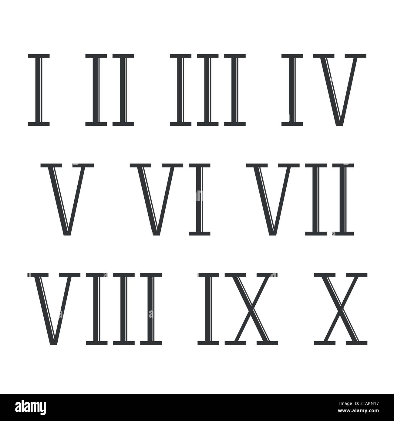 I numeri romani impostano il vettore isolato su sfondo bianco. Antico alfabeto romano numero e carattere alfabeto romano. Illustrazione Vettoriale