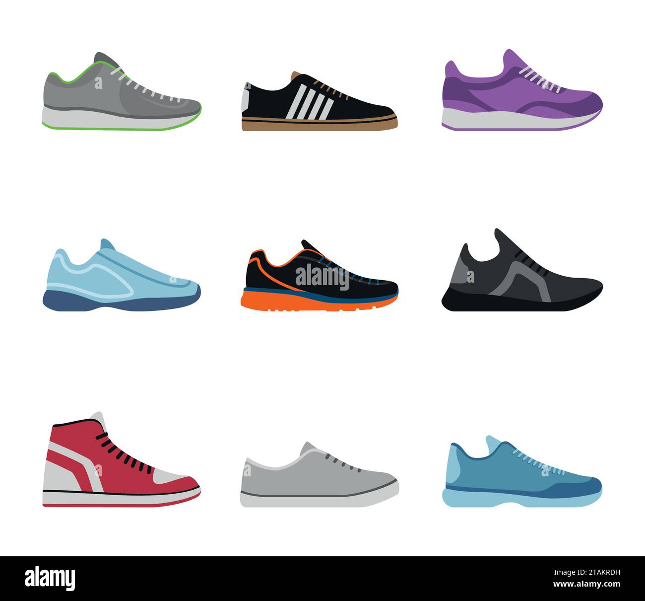 Collezione di scarpe comode isolate su sfondo bianco. Sneakers sportive, abbigliamento per tutti i giorni in stile piatto. Scarpe, scarpe e scarpe alte e basse Illustrazione Vettoriale