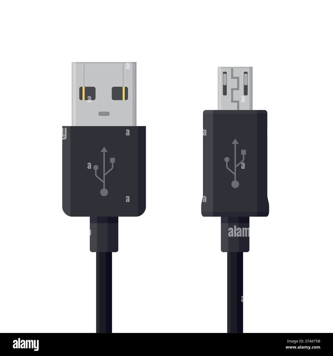 Cavi micro USB isolati su sfondo bianco. Connettori e prese per PC e dispositivi mobili. Connettore delle periferiche del computer o ricarica dello smartphone Illustrazione Vettoriale
