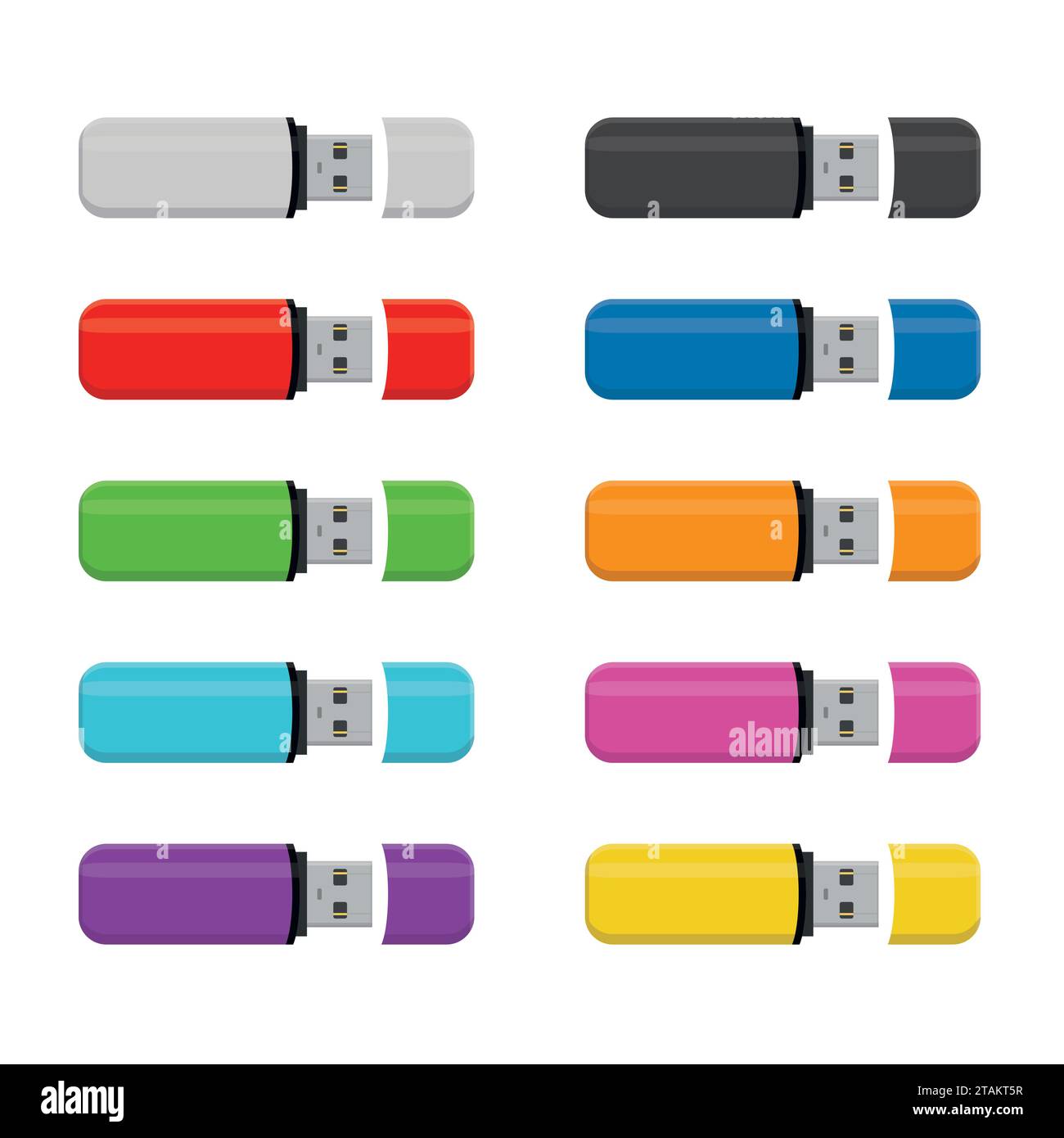 Impostare chiavette USB per unità flash colorate isolate su sfondo bianco in stile piatto. Illustrazione Vettoriale