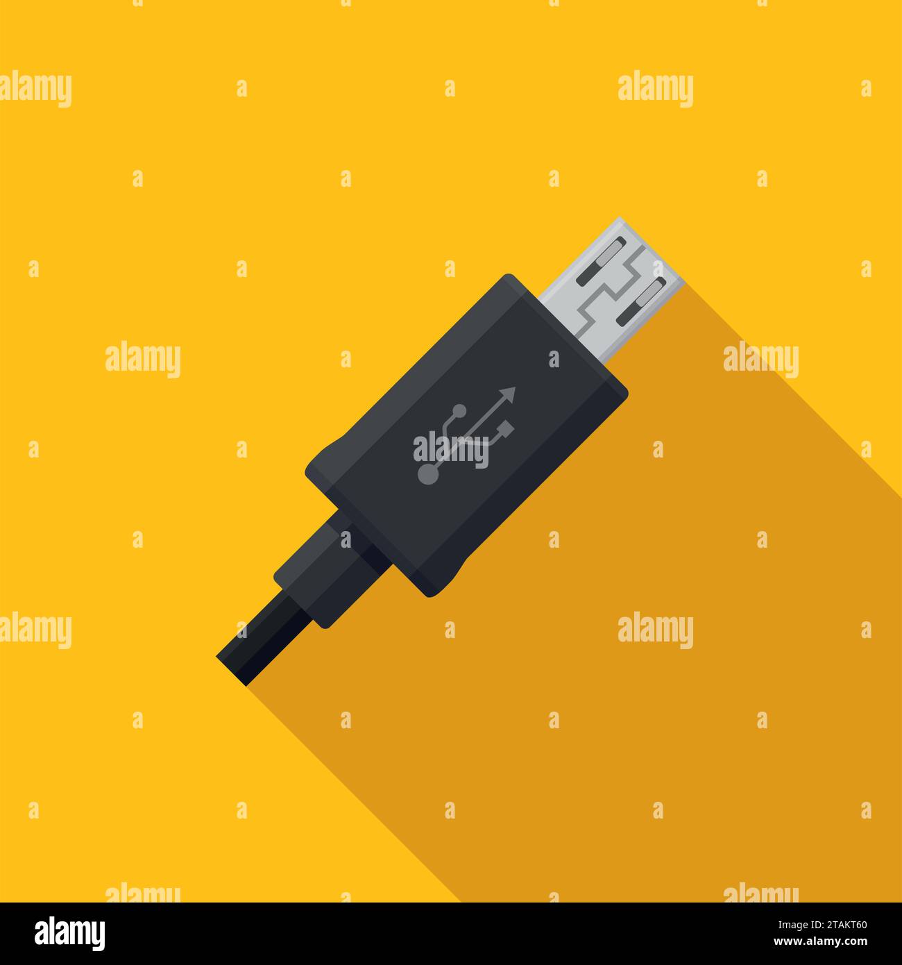 Icona nera del cavo micro USB su sfondo giallo in stile piatto Illustrazione Vettoriale
