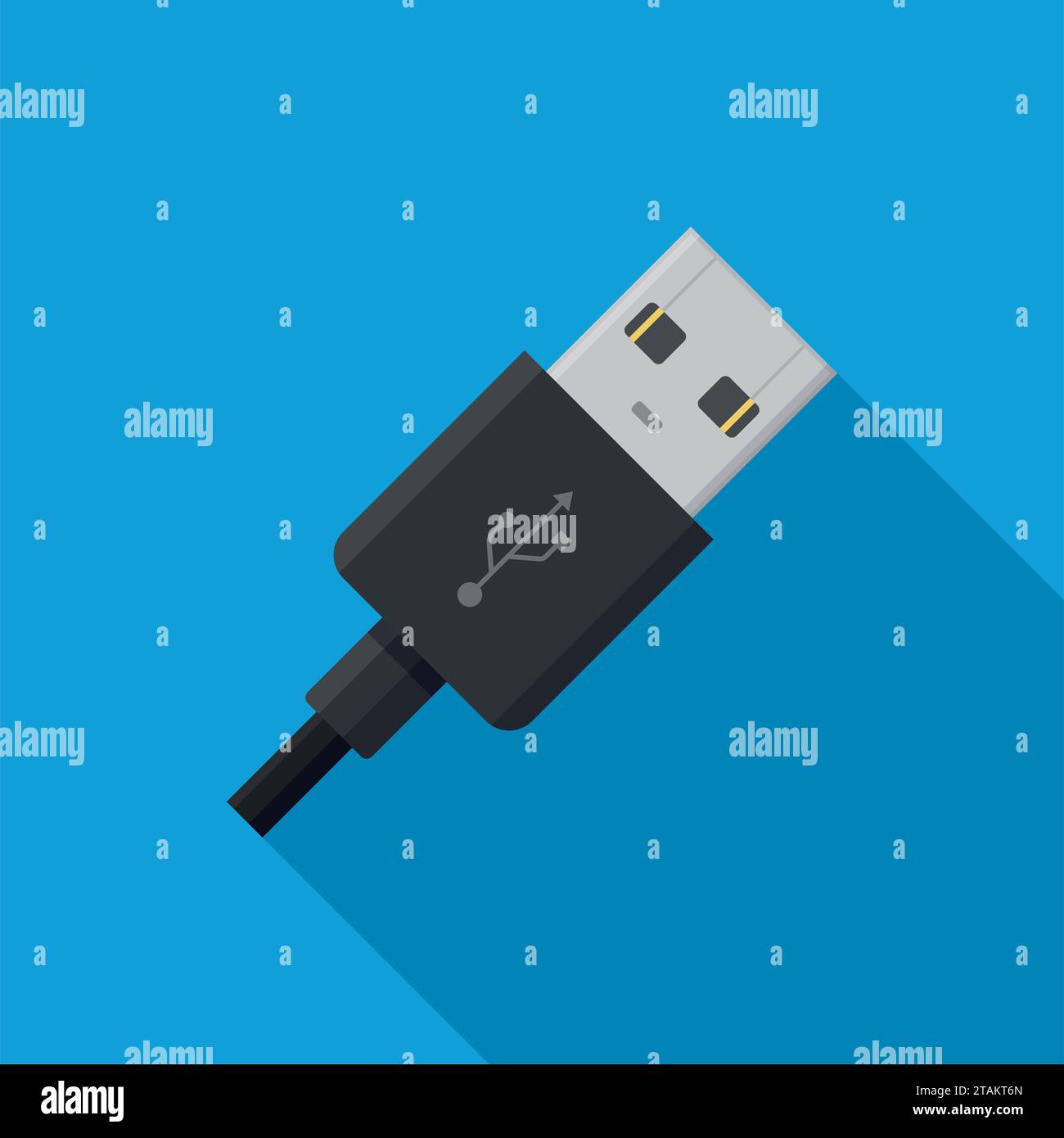 Icona del cavo del connettore del cavo USB su sfondo blu in stile piatto. Illustrazione Vettoriale