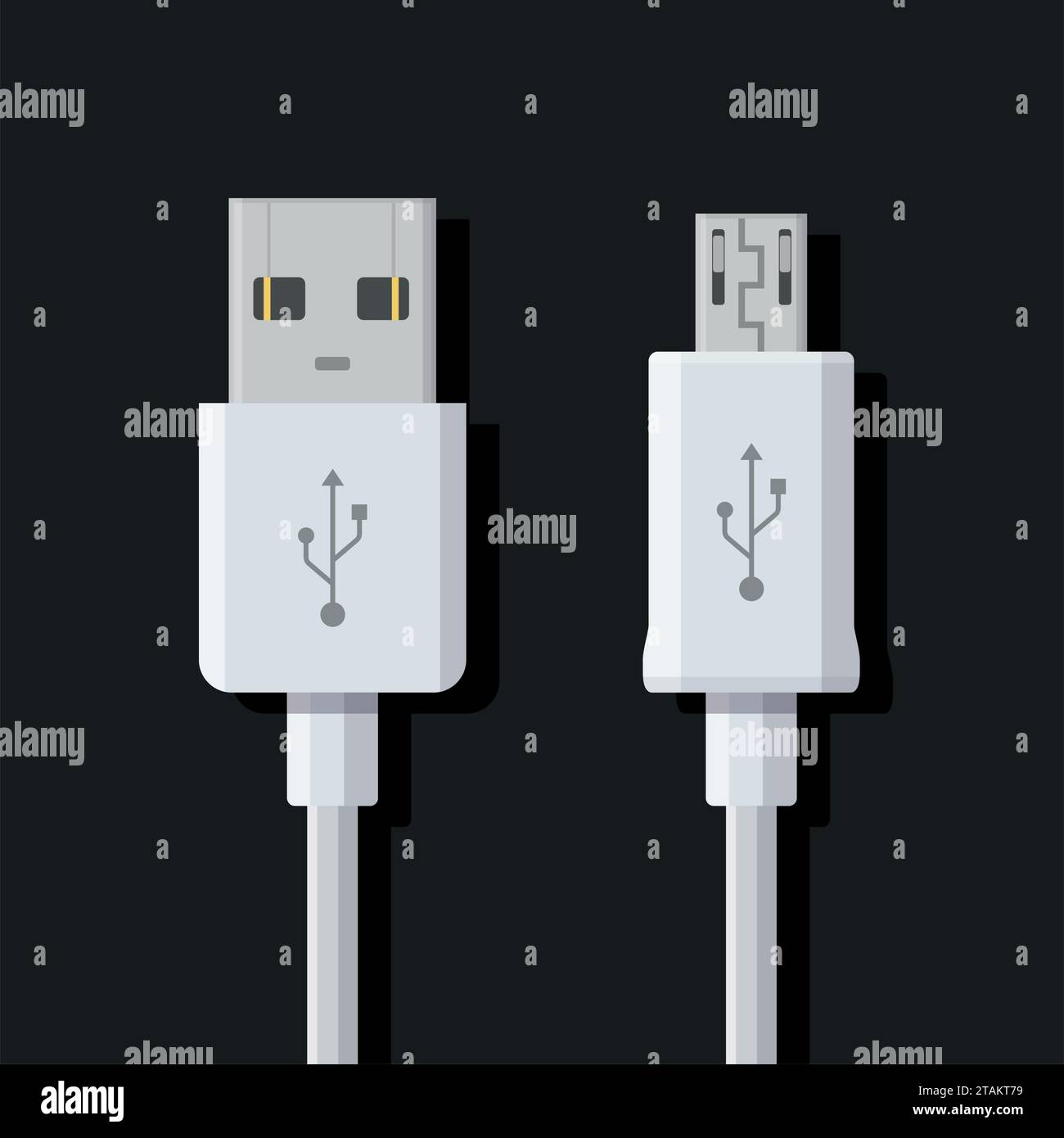 Micro cavi USB su sfondo scuro. I connettori e i socket per PC e dispositivi mobili. Calcolatore connettore periferiche smartphone o alimentazione di ricarica Illustrazione Vettoriale