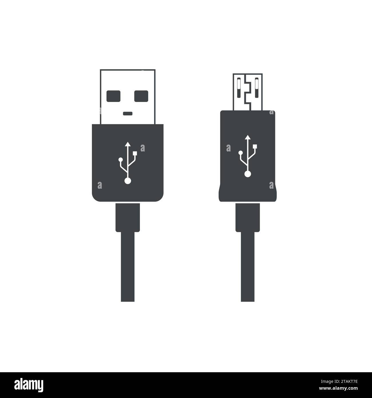 Icona dei cavi micro USB isolata su sfondo bianco. Connettori e prese per PC e dispositivi mobili. Connettore delle periferiche del computer o smartphone Illustrazione Vettoriale